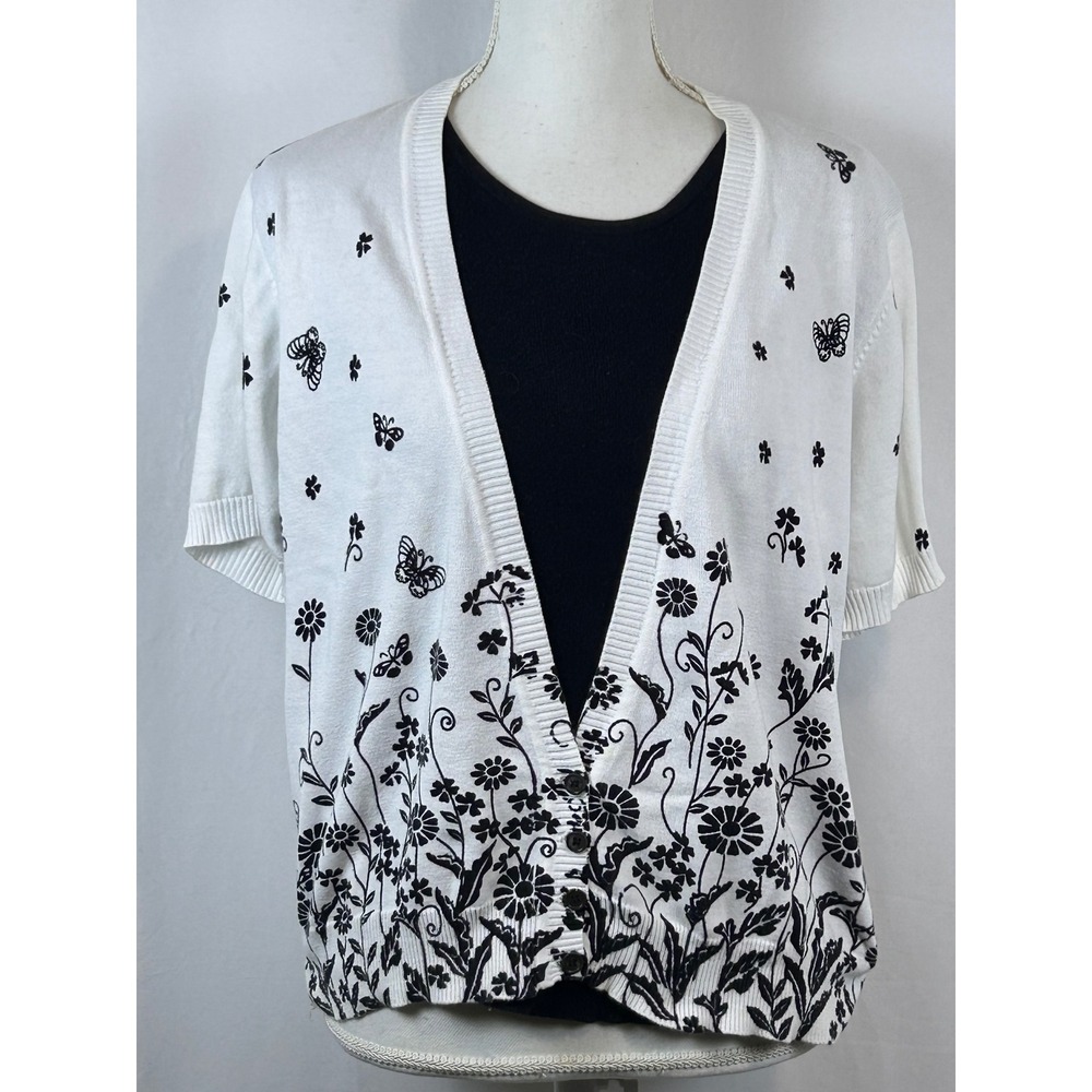 Cathy Daniels Cardigan Sweater Womens Large White Excellent Butterfly Floral